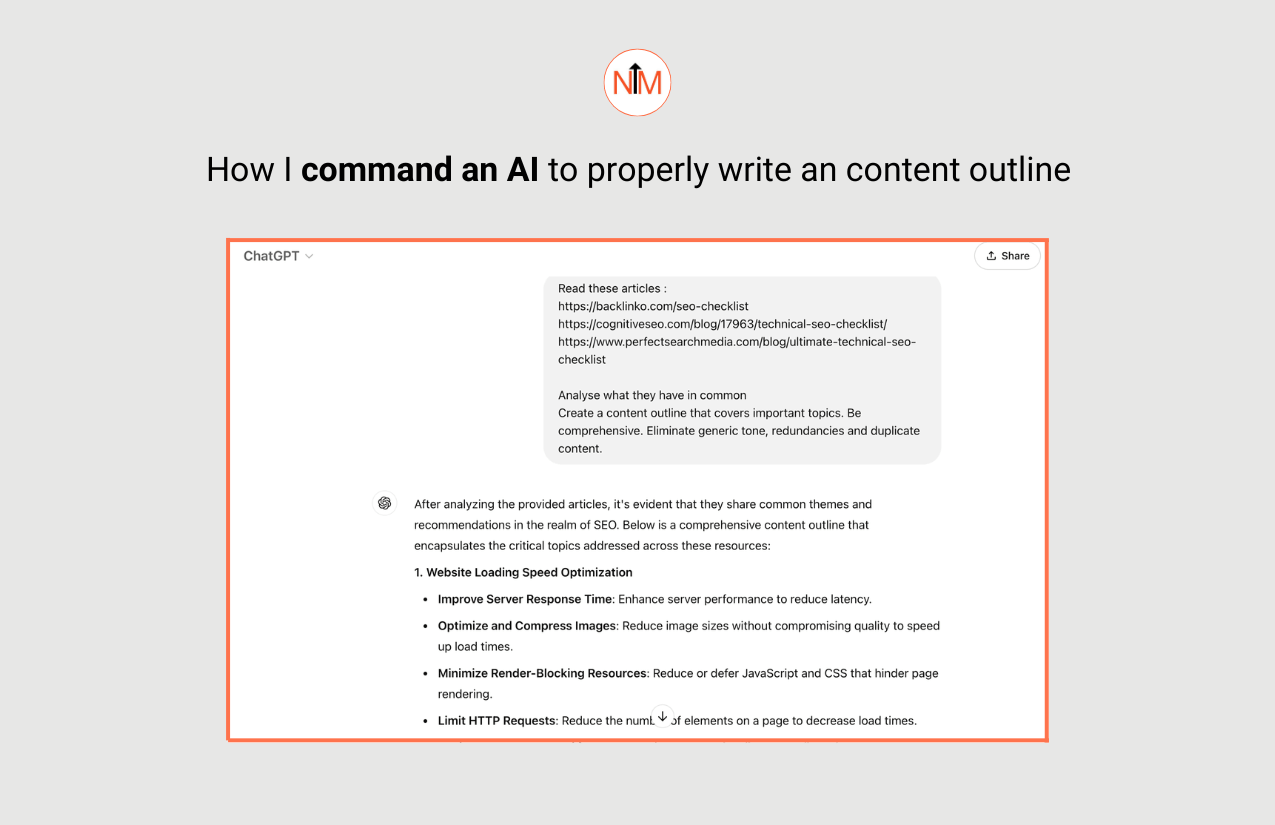 Screenshot of CHATGPT to write content outline o