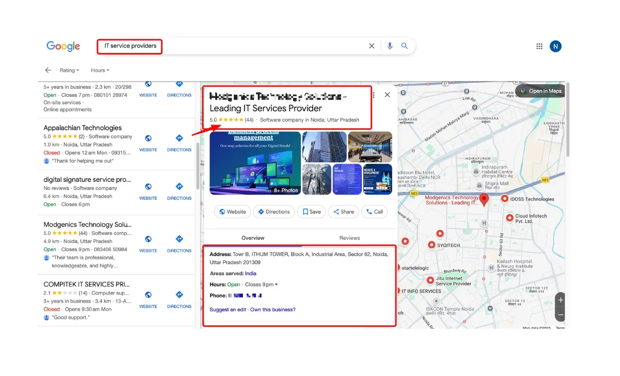 Google my business well optimised profile for B2B local SEO