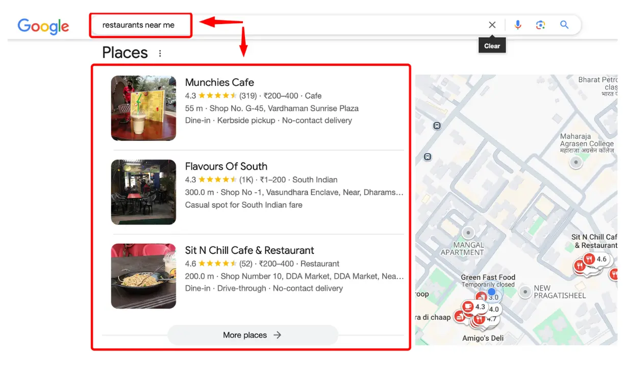 Top 3 local restaurants ranking for the keyword "restaurants near me"