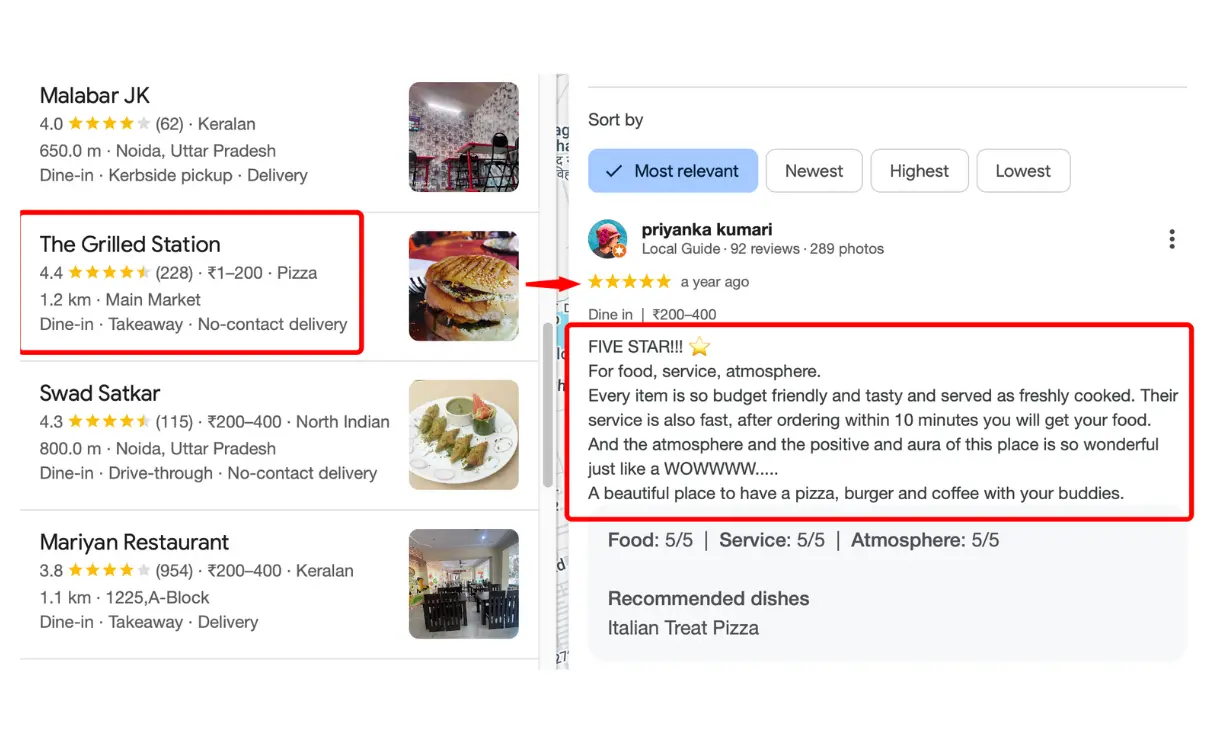 A customer giving 5-star rating to a Local restaurants helping increasing authority