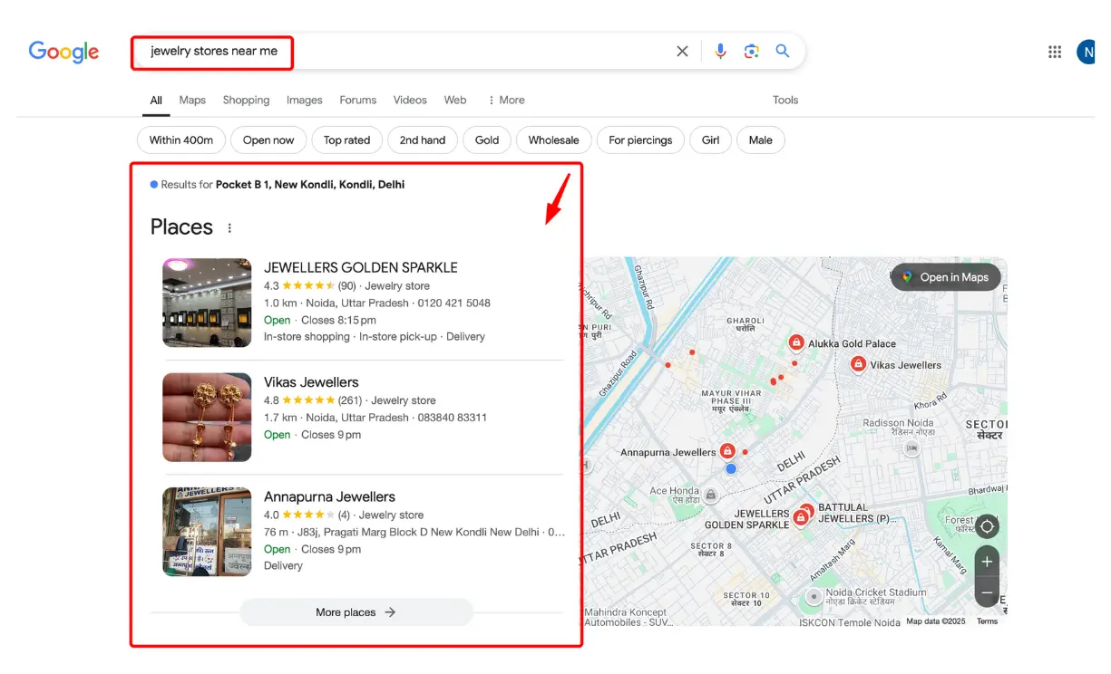 Top 3 ranking local searches for jewellery stores