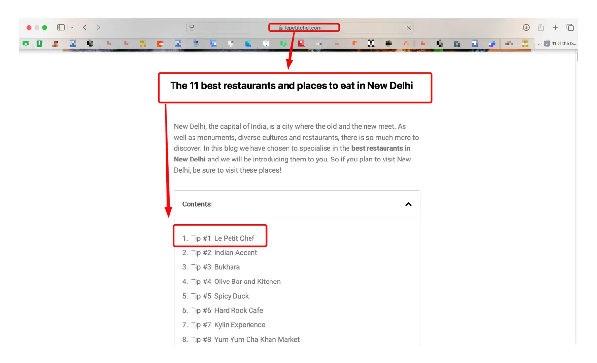 Blog ranking for the keyword "Best restaurant in Delhi" to rank for local SEO