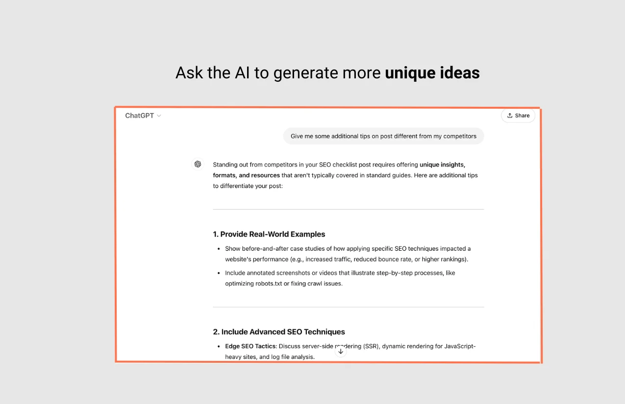 Screenshot of Chat GPT AI generating SEO-optimized unique ideas