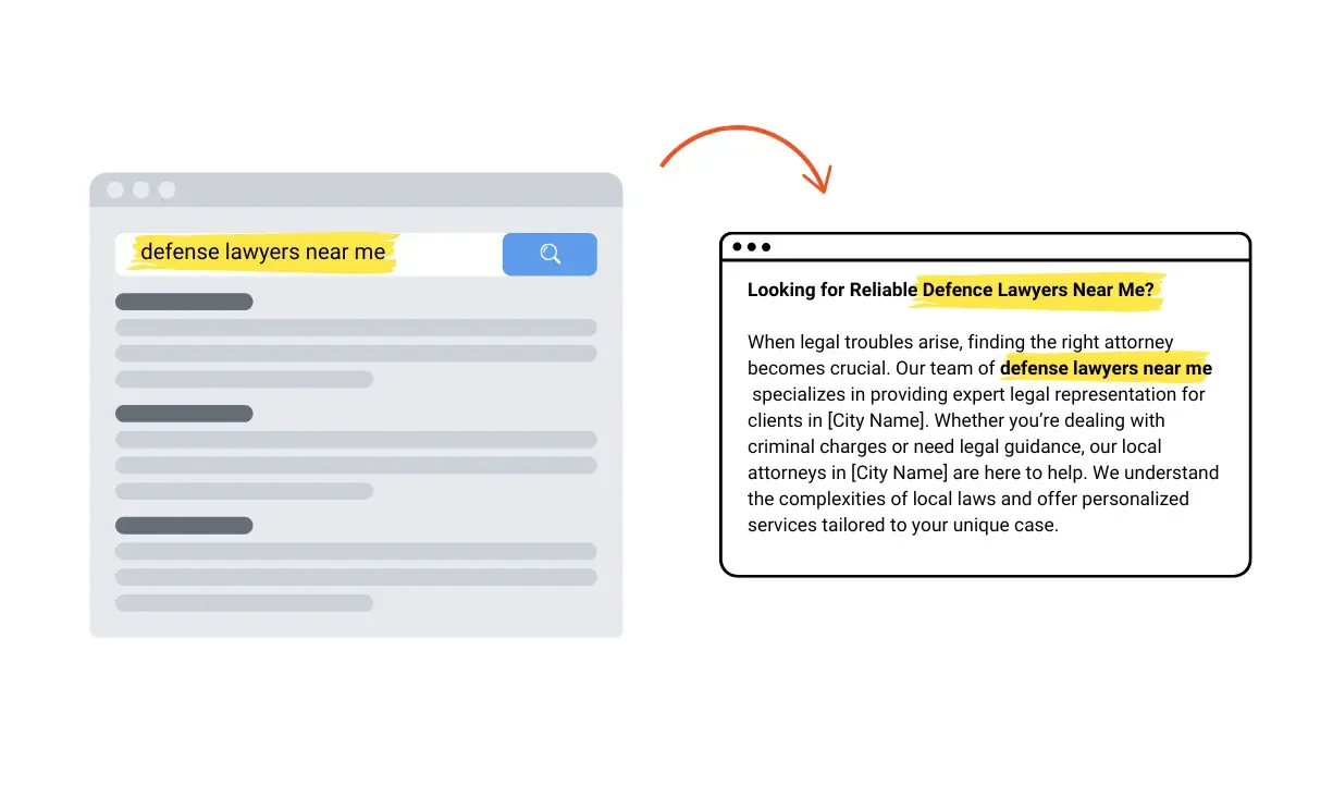 Google Search for Defence Lawyers Near Me with Relevant Website Highlighted A Google search results page showing a query for "defence lawyers near me," with a website featuring optimized keywords displayed in the results.