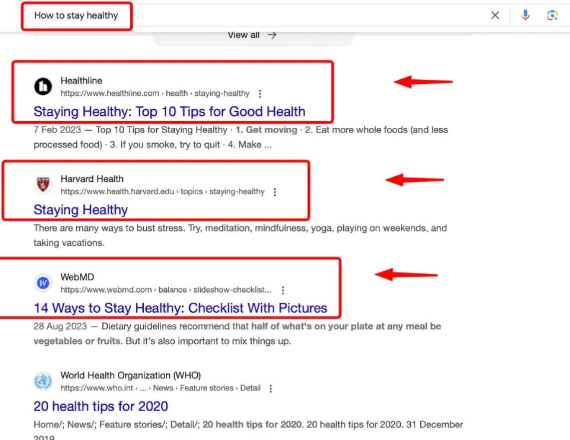 Top 3 results showing on Organic search SEO for the term how to stay healthy
