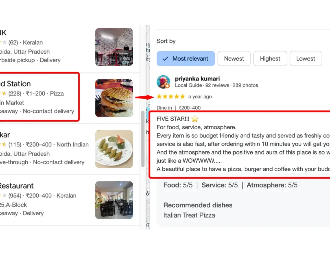 Local Restaurant Customer Review A customer giving 5-star rating to a Local restaurants helping increasing authority